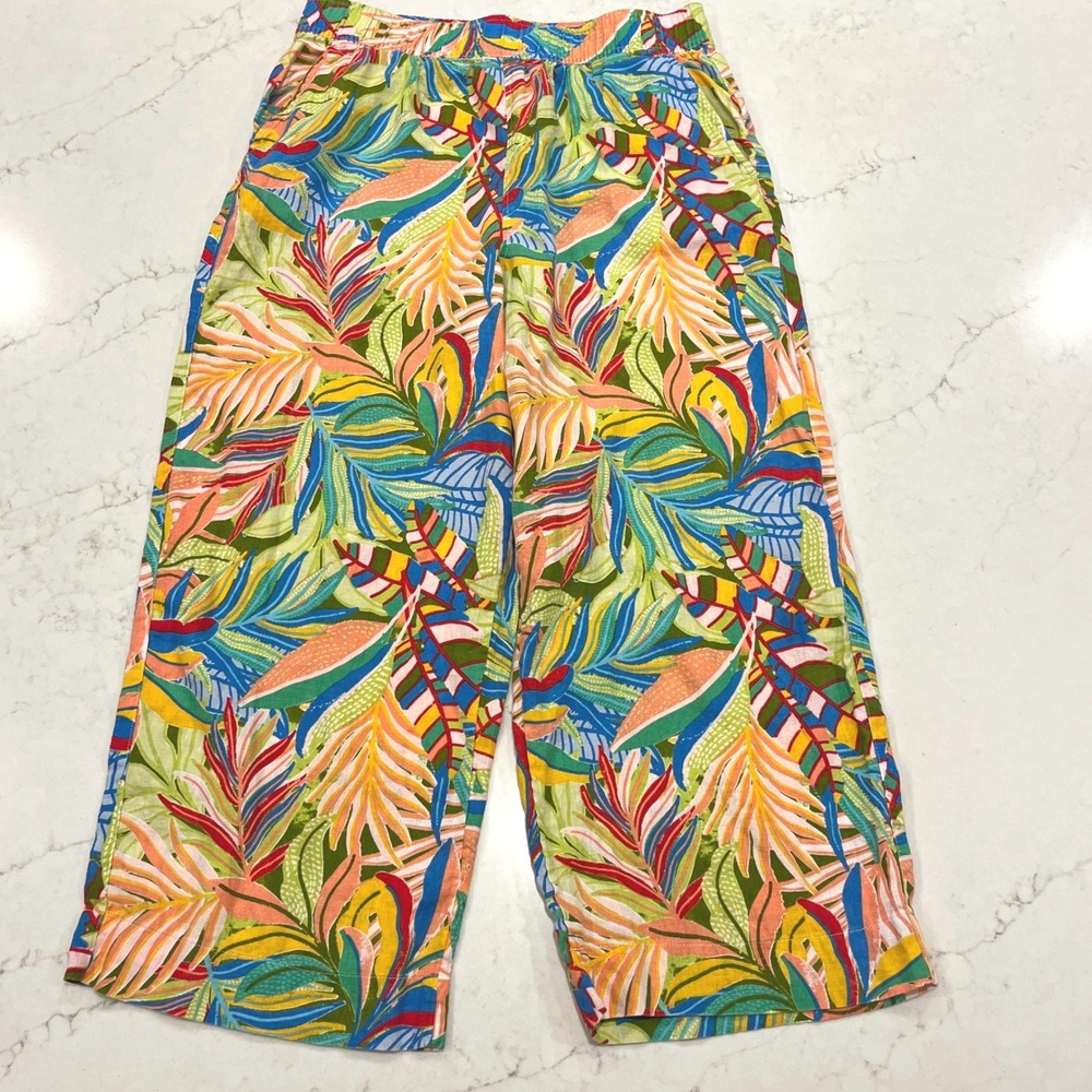 C&C California Wide Leg Pants Womens L Multicolor Linen Tropical Floral Travel